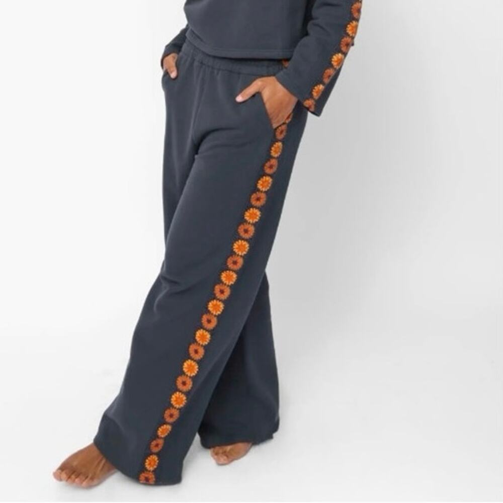 NATURAL LIFE Navy Straight Leg Pants with Orange Floral Side Stripe